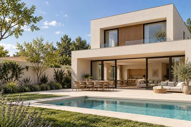 Vivienda modular de madera contemporánea con terraza