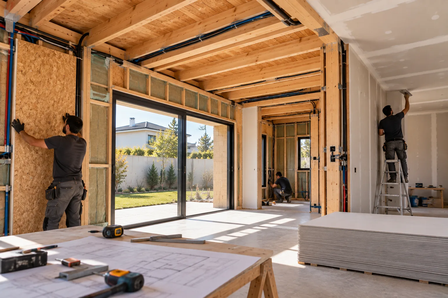 Trabajos interiores durante la construcción de una vivienda de madera