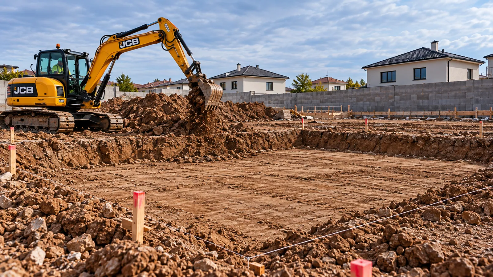 Excavación y preparación del terreno en el proceso de construcción de una vivienda de entramado ligero de madera