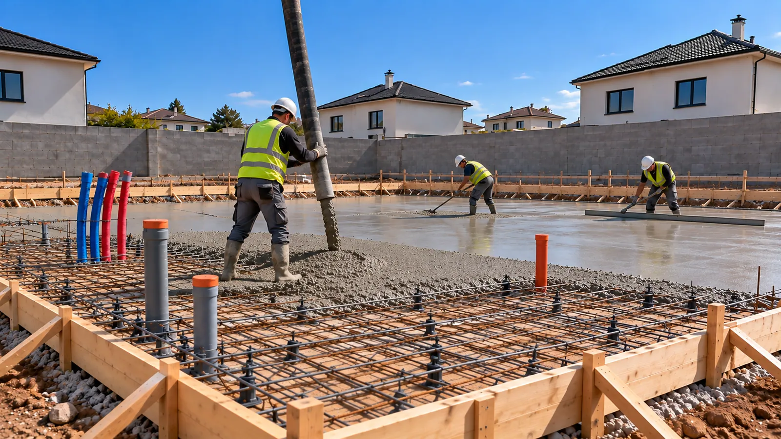 Hormigonado de la losa en el proceso de construcción de una vivienda de entramado ligero de madera