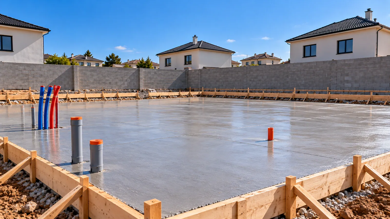 Losa de cimentación terminada en el proceso de construcción de una vivienda de entramado ligero de madera