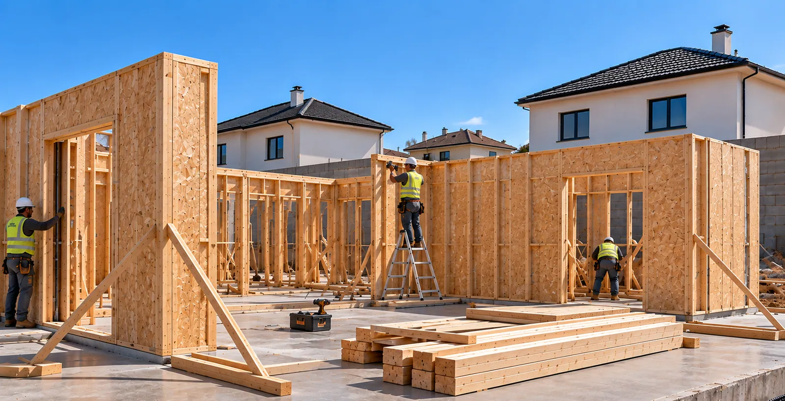Montaje de la estructura de madera en el proceso de construcción de una vivienda de entramado ligero de madera